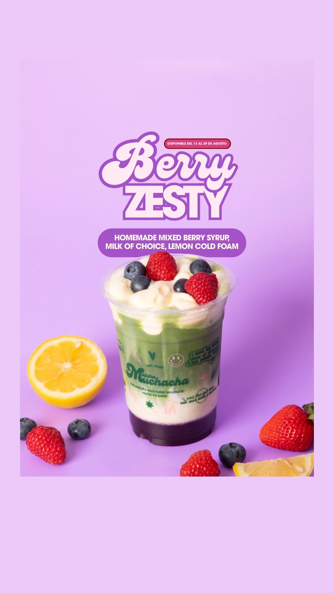 Berry Zesty Matcha con frutas y espuma de limón